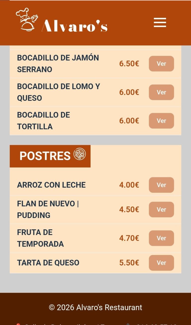 imagen de un menu online para un restaurante